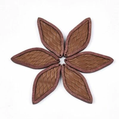 4 pcs. Light Brown REAL Leather Cowhide over Wood Dangle Pendants – Rattan  Leaf - Image 1 of 2