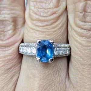 18KT White Gold Natural Blue Sapphire And Diamond Ring Heavy - Picture 1 of 8