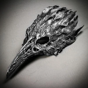 Silver Raven Skull Long Nose w/ Feather Wedding Masquerade Prom Party Face Mask - Picture 1 of 9