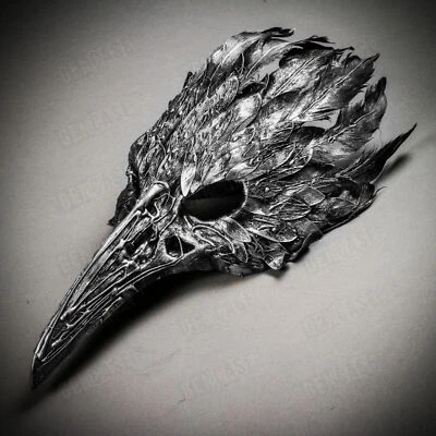 Silver Raven Skull Long Nose w/ Feather Wedding Masquerade Prom Party Face Mask - Image 1 of 4