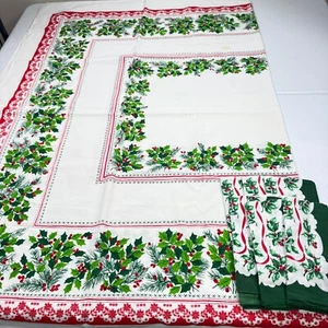 vintage tablecloth napkin set rectangle green holly christmas holiday blend - Picture 1 of 11