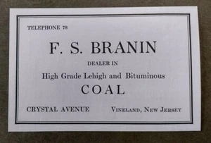 1920 F. S. Branin Händler in Kohle Werbung Vineland, NJ - Bild 1 von 1