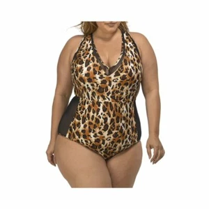 LYSA Plus Size UPF 50+ Leopard Print V-Neck One-Piece Swimsuit SIZE 1X $57 - Picture 1 of 4
