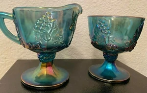 Vintage Indiana Iridescent Blue Carnival Glass Gold Rimmed Creamer & Sugar Bowl - Picture 1 of 8