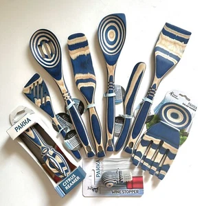 NEW! Pakka Wood 10–PIECE KITCHEN UTENSIL SET in Blue Stripe, Laminated, Durable - Picture 1 of 17