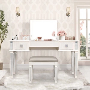 Mirrored Vanities Desk w Stool & Drawers, Flip Up Bedroom Makeup Dressing Table - Picture 1 of 7