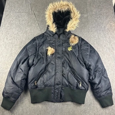 Rocawear женщин вниз заполнить пуховик куртка меха 2XL черный съемные рукава и капюшон - Изображение 1 из 4