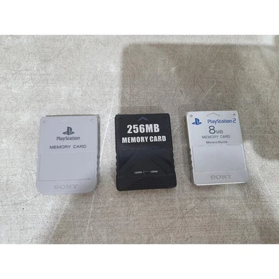 Lot of 3 Sony Playstation Memory Cards Multicolour (256MB + 8GB) for Consoles - Image 1 of 4