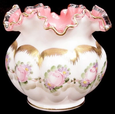 Vintage Fenton Charleton Melon Peach Crest Ruffled Edge Painted Rose Bowl Vase - Image 1 of 4
