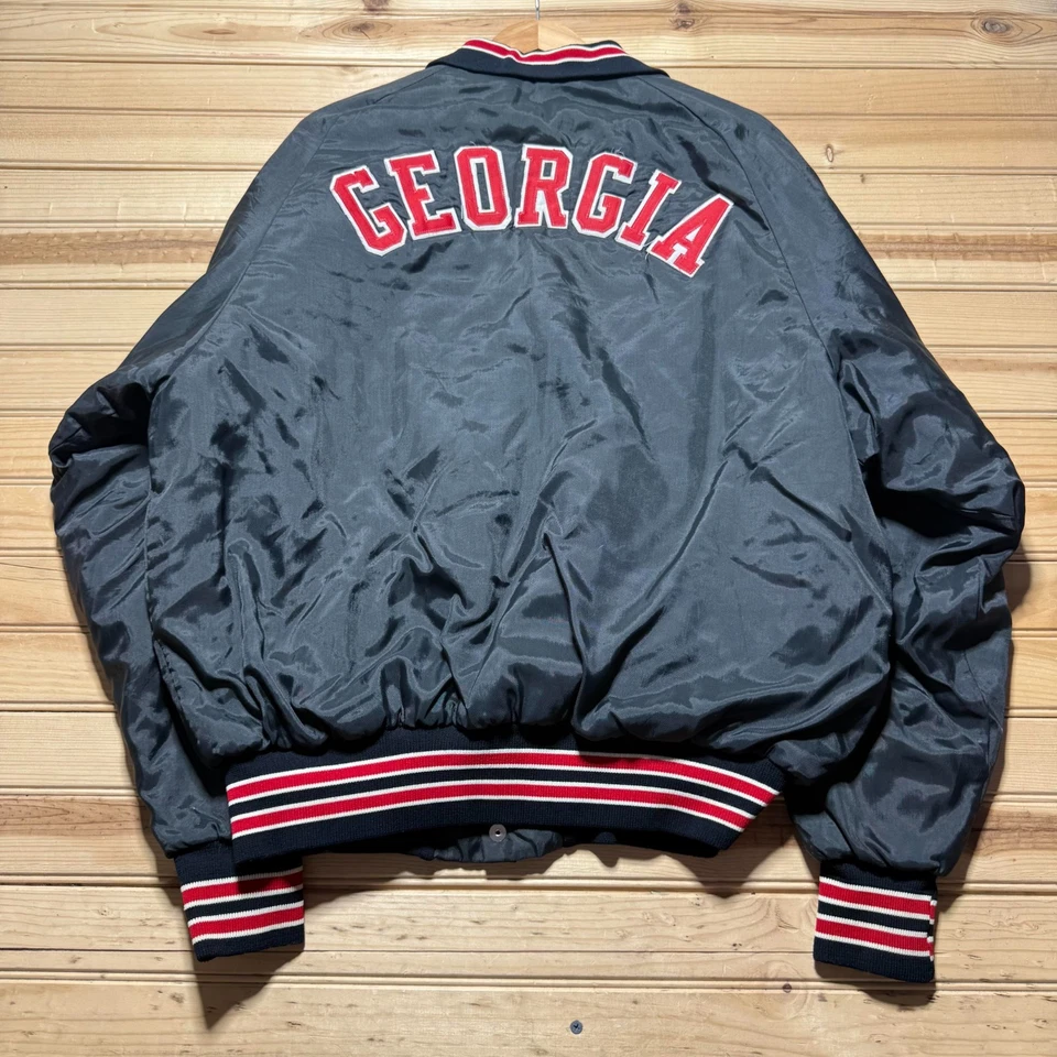 Vintage 80s Georgia Bulldogs NCAA Football Satin Bomber Jacket Union Made - XL - Image 1 of 4