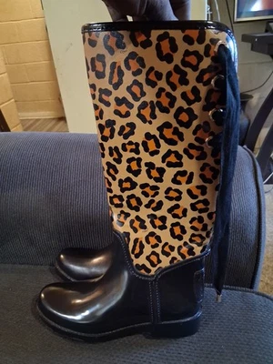 Botas de Lluvia Coach de Goma talla 6 Tristee Negro Marrón Estampado de Leopardo Corbata Encaje Nueva York Foto 1 de 4