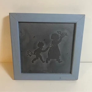 Vintage Silhouette of Children Carved In Black Slate Blue Wooden 7” Square Frame - Picture 1 of 5