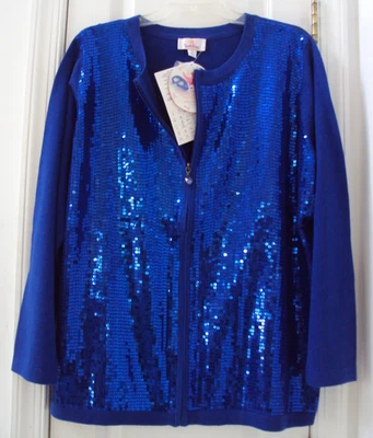 NEW TAG QUACKER FACTORY 1X 18W/20W BLUE SEQUINS ZIPPERED CARDIGAN SWEATER JACKET - Image 1 of 4