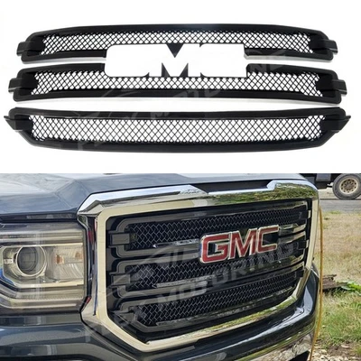 Parrilla negra brillante malla superpuesta de 3 piezas para GMC Sierra 1500 SLT 2016-2018 Foto 1 de 4