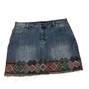Desigual Denim Mini Skirt Embroidered Triangle Border Sequins Size 12/44 - Picture 1 of 10