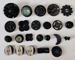 Lot 23 Black Vintage Acrylic Celluloid Jet Sewing Buttons, Scotty Dog Moon More - Picture 1 of 8