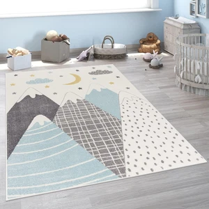 Tappeto Bambini Cameretta Moderno Motivo Di Montagne Con Stelle Nuvola Blu Crema - Foto 1 di 12