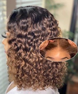 Highlight Blonde Wear and Go Glueless Curly Bob Wig Human Hair 4/27Deep Wave Wig - Image 1 of 4