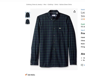 Lacoste Hombre Manga Larga Calce Regular Cuadros Abotonados, Sinople/Azul Meridiano, - Imagen 1 de 2