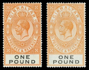 Gibraltar 1925 KGV £1 in two shades both MLH. BK # G58, G60. SG 107, 107 var. - Picture 1 of 1