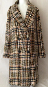 Eva Franco Anthropologie Plaid Long Coat Beige Green Double Breast Jacket Small - Picture 1 of 11