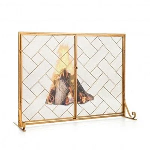 3-Panel Folding Wrought Iron Fireplace Screen with Doors and 4 Pieces Tools Set- - Picture 1 of 5