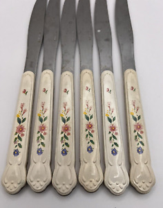 Vintage Pfaltzgraff Meadow Lane Knives Set of 6 White Handles Flowers Knive