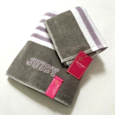 NWT 2pc JUICY COUTURE Bath Shower Hand Towel Towels Cotton Striped Gray Purple - Image 1 of 4