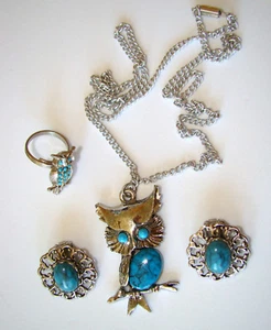 Vintage Eulen Motiv Schmuck Silber und Türkis Halskette, Ring, Clip Ohrringe - Bild 1 von 8