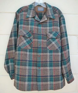 Pendleton Board Shirt Charcoal Teal Brown Plaid Sz L USA VTG 1970’s 46” - Picture 1 of 4