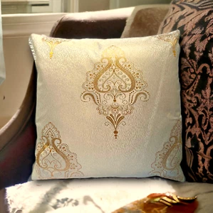 Cushion Covers Scandi Flower Textured Gold Embossed Beige Cream 18x18" 45x45cm - Picture 1 of 7