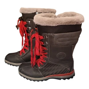 AQUATHERM CANADA Women's 7 Jissika Waterproof Boots Faux Fur (Dark Grey & Red) - Picture 1 of 8