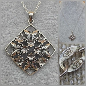 Vintage Sterling Silver 925 Butterfly Flower Pendant Square BS Chain Necklace - Picture 1 of 10