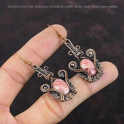 Black Friday Deal Rhodochrosite Stone Dangle Mother Wire Wrapped Earrings Copper - Image 1 of 4