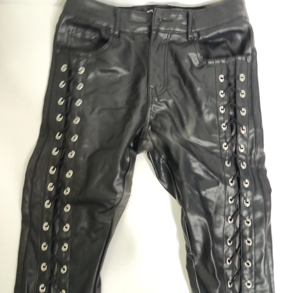 Jeans Relapse 30 Negros Recubiertos Denim Imitación Cuero Con Cordones Ajustados Gótico Punk Mo Foto 1 de 4