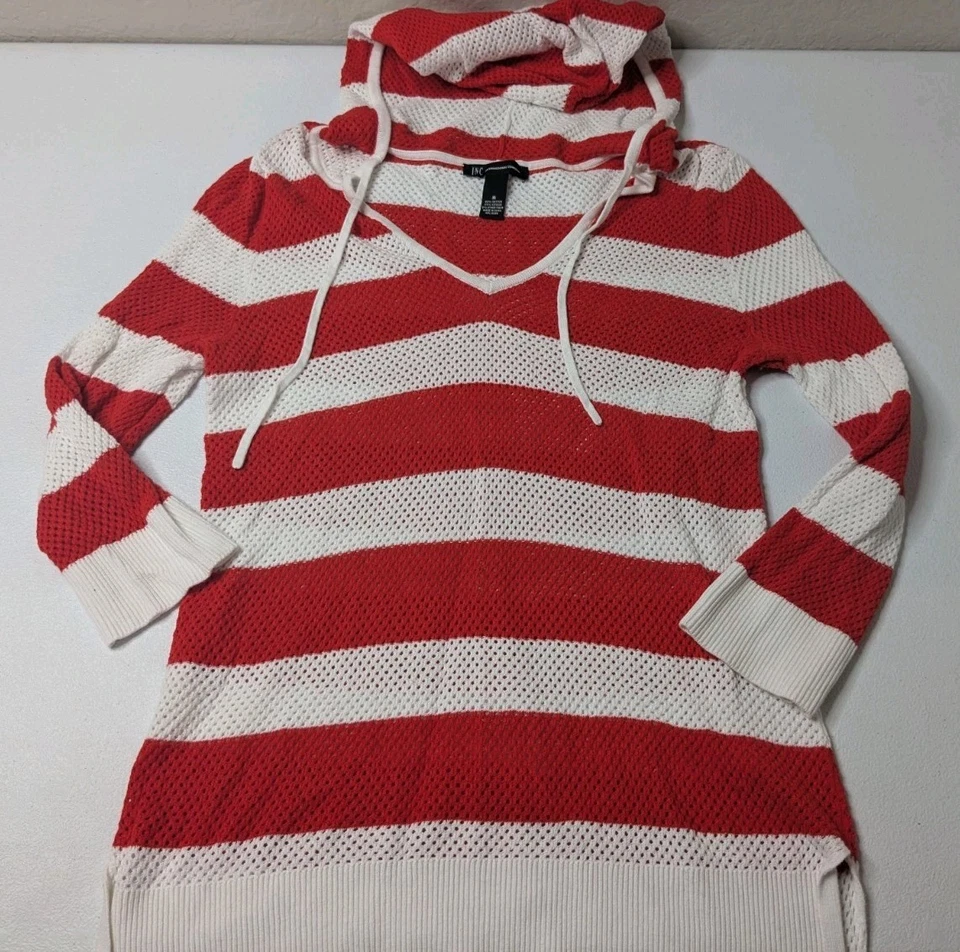 INC International Concepts Hoodie Women's M Red White Strip Long Sleeve  - Image 1 of 4