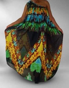 Handmade Multicolor Sheer Chiffon Asymmetrical One Shouder Maxi Kaftan Dress - Picture 1 of 4
