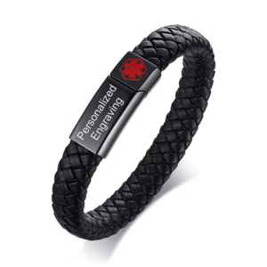 Customize Men Medical Alert ID Braided Leather Bracelet Wristband Free Engraving - Picture 1 of 8