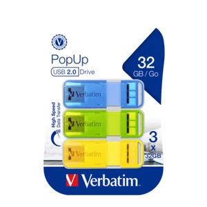 3pc Verbatim Pop-Up USB Sticks 2.0 32GB Triple Pack Bright Colours 57x9mm Assort - Picture 1 of 1