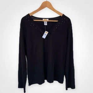 Talbots : NEW $88 Rhinestone Embellished V-Neck Long Sleeved Black Top : XL - Picture 1 of 6
