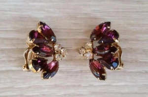Vintage Sparkling Purple & Crystal Rhinestone Clip Earrings, Gold Tone 1-3/8" - Picture 1 of 3