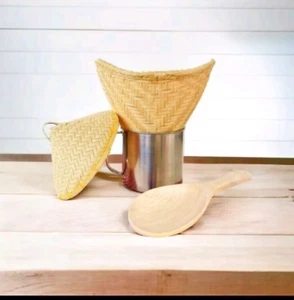 Bamboo woven Mini steamer set for steaming sticky rice, size 6 inches1 set has 4 - Picture 1 of 7