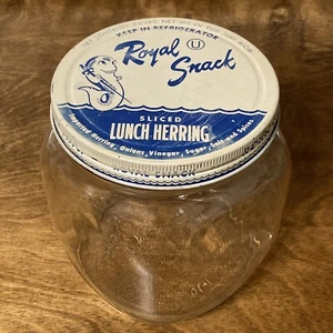 "Frasco de arenque Royal Snack Hazel Atlas tapa de metal vintage hecho en Michigan Square 6""" - Imagen 1 de 15