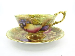 Taza de té y platillo AYNSLEY Orchard Fruits firmado borde festoneado D. Jones raro - Imagen 1 de 8