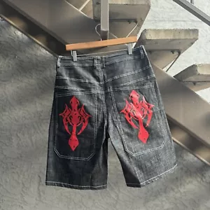 Pantaloncini vintage tipo Jnco denim nero jeans larghi pattini larghi Y2K rave larghi grunge - Foto 1 di 3