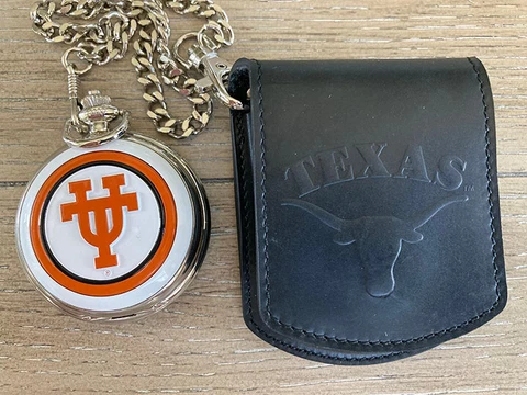 Danbury Mint NCAA Texas Longhorns Pocket Watch w/Chain & Leather Belt Pouch Cover