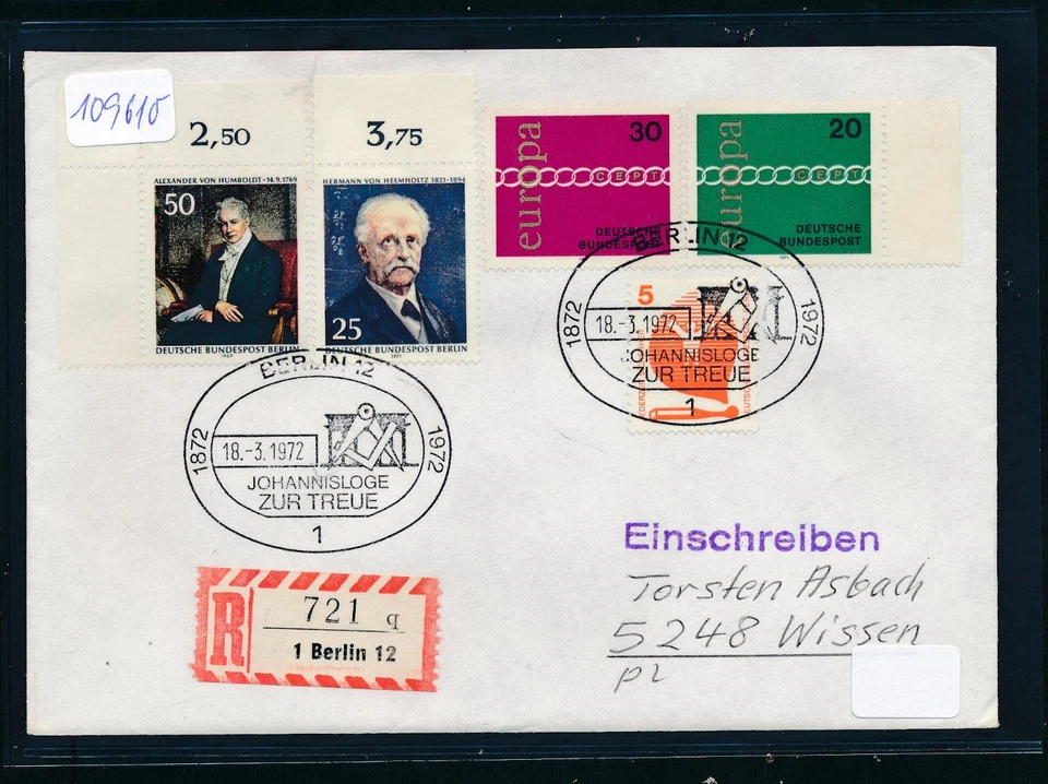 109610) Reco-Brief, RZ 1 Berlin 12 "q", SST Johannisloge ZUR Treue 1972 - Bild 1 von 1