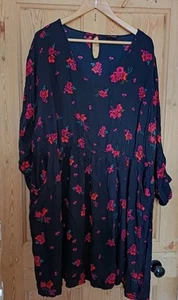 Yours Womens V Neck Black Floral Long Sleeve Knee Length Dress, Pockets UK 26-28 - Picture 1 of 9
