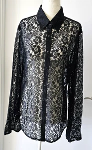 VTG Claudia Richard Blouse Top Black Sheer Floral Lace Collared Button Up Size M - Picture 1 of 13
