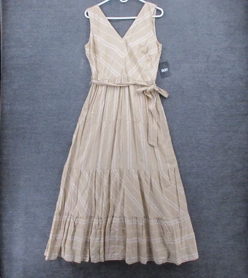 DKNY Dress Womens 6 Linen Blend Striped Layered Maxi Dress Tan Belted Sleeveless - Image 1 of 4
